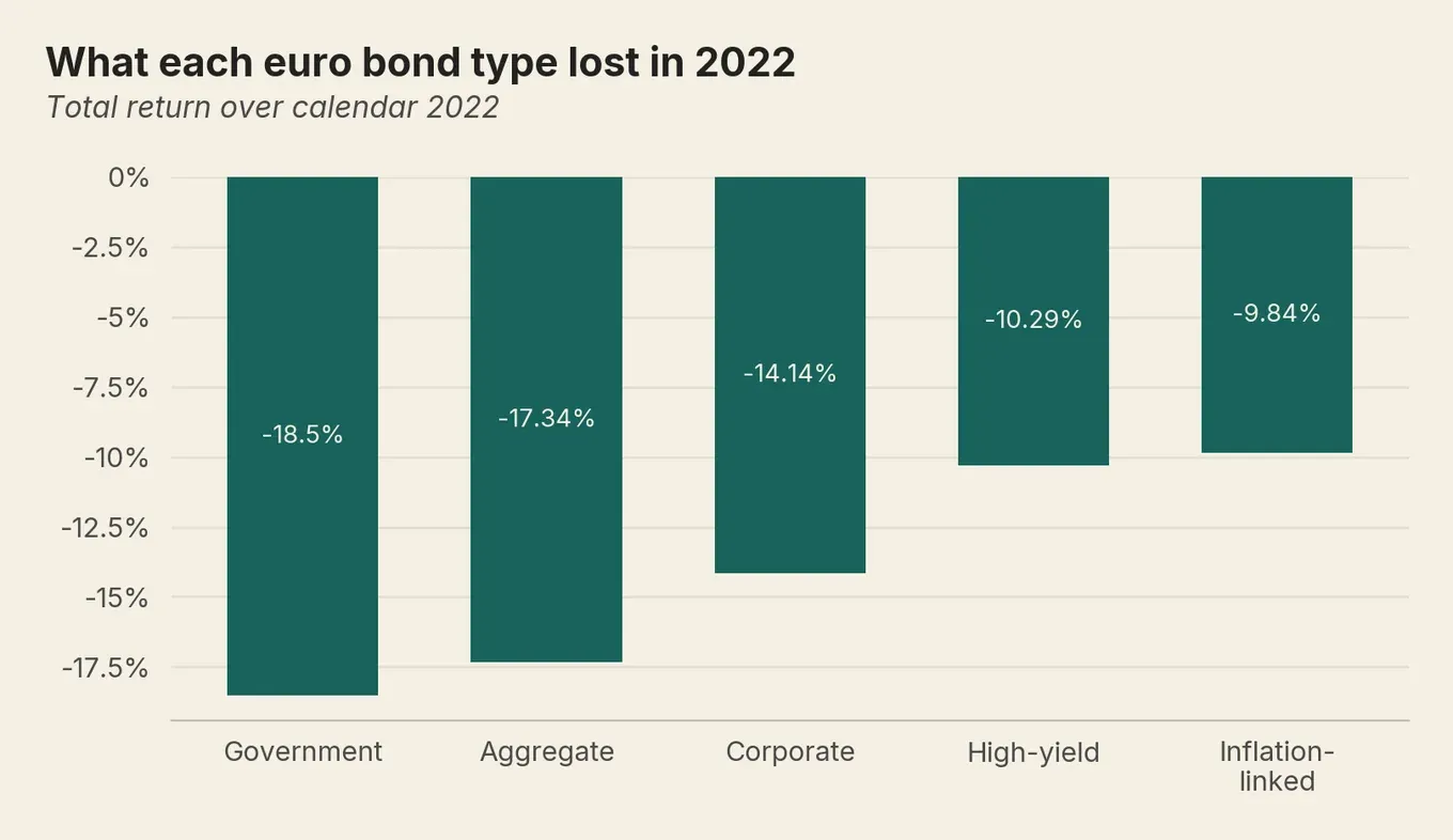 Bar chart: euro bond ETFs all fell in 2022, from about -18.5% for government to -9.8% for inflation-linked.