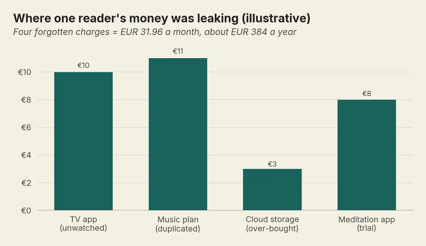 Bar chart of one reader’s four forgotten charges in euros, totalling 31.96 a month. Illustrative example, not a stat.