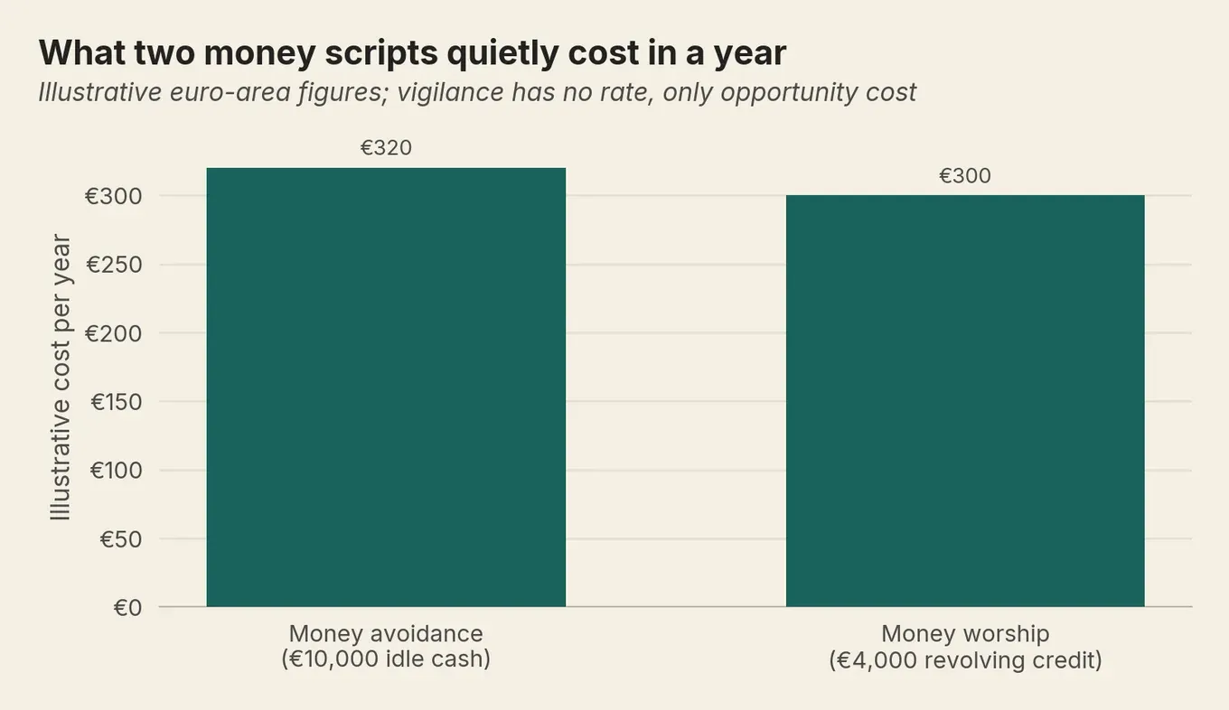Bar chart of illustrative yearly costs: money avoidance about 320 euros eroded, money worship about 300 euros of interest.