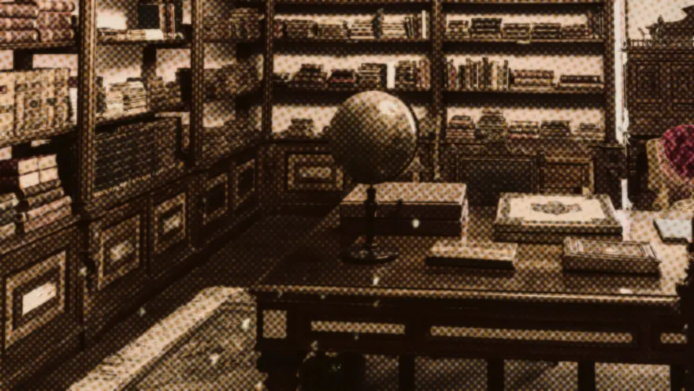 A vintage world globe on an ornate wooden desk in a warm antique library lined with old leather-bound books