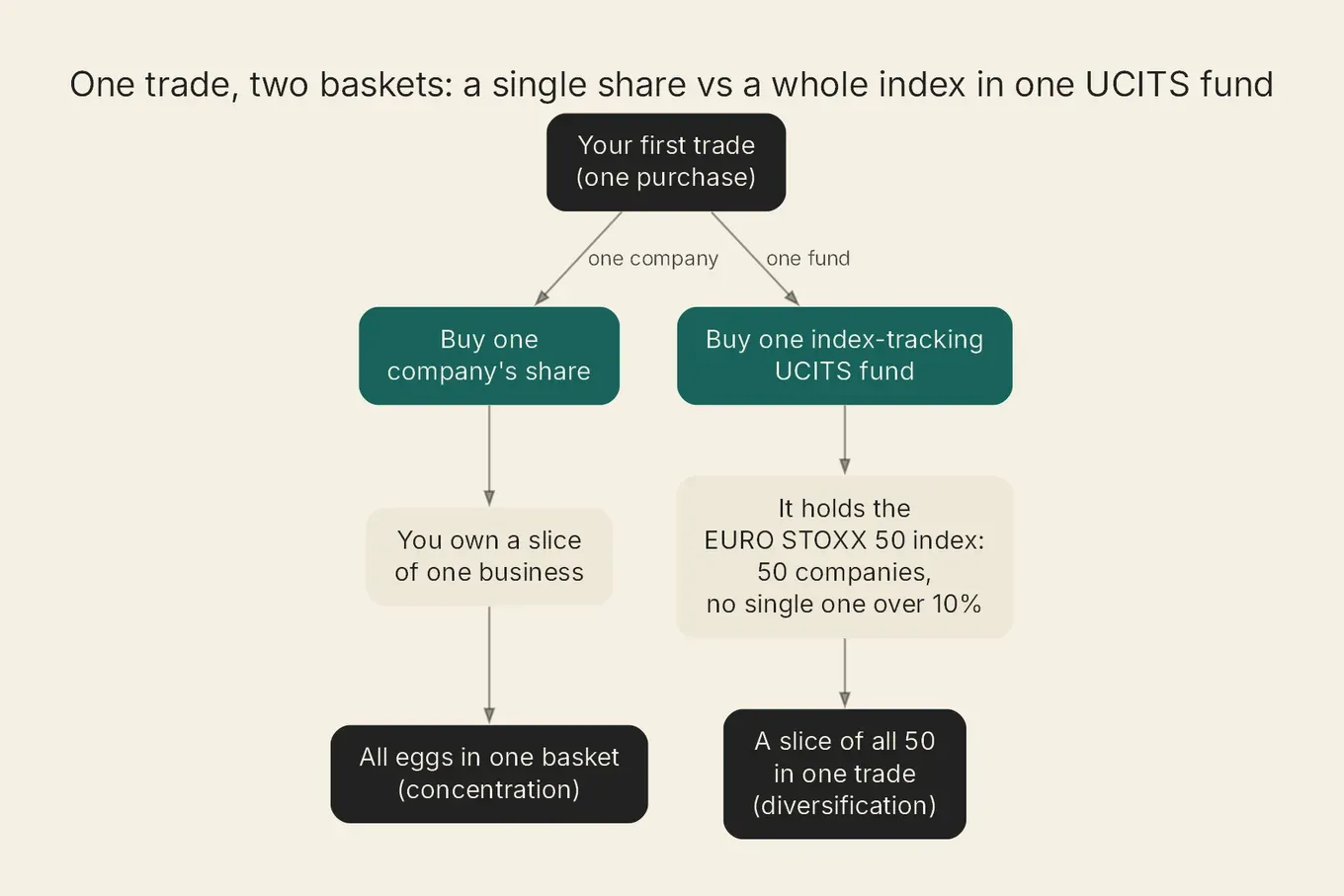 Diagram: one company share is concentration; one index UCITS fund spreads across all 50 EURO STOXX 50 companies