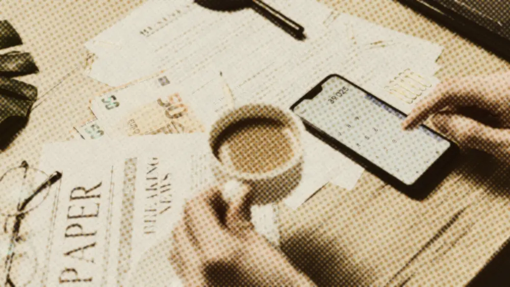 A 50 euro note, paperwork and a coffee cup on a desk as a hand taps a calculator app on a phone