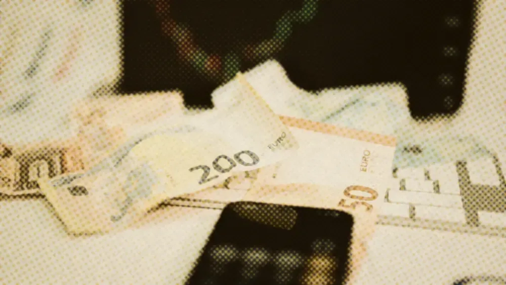 Euro banknotes including a 200 and a 50 note spread across a computer keyboard beside a smartphone
