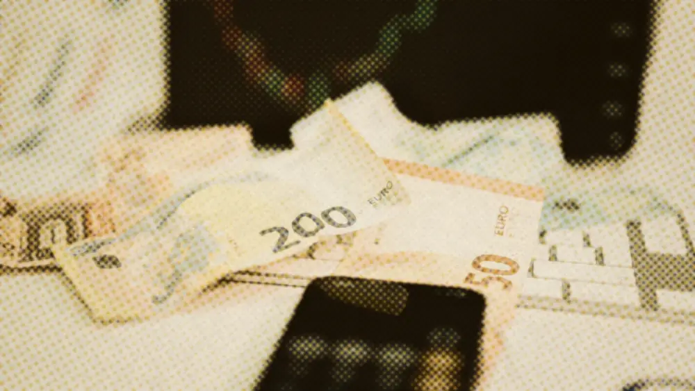 Euro banknotes including a 200 and a 50 note spread across a computer keyboard beside a smartphone