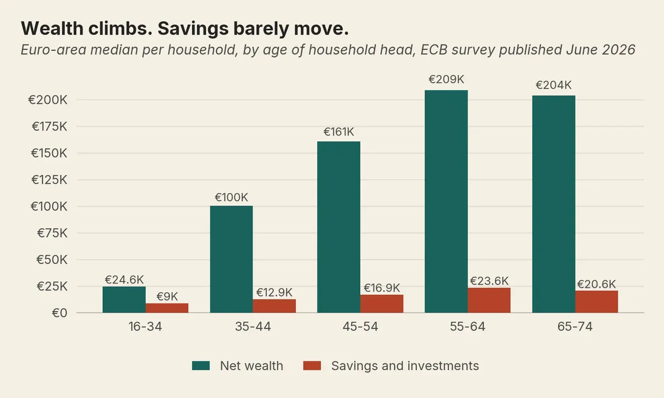 Grouped bars: euro-area median net wealth climbs steeply with age while savings and investments stay almost flat.